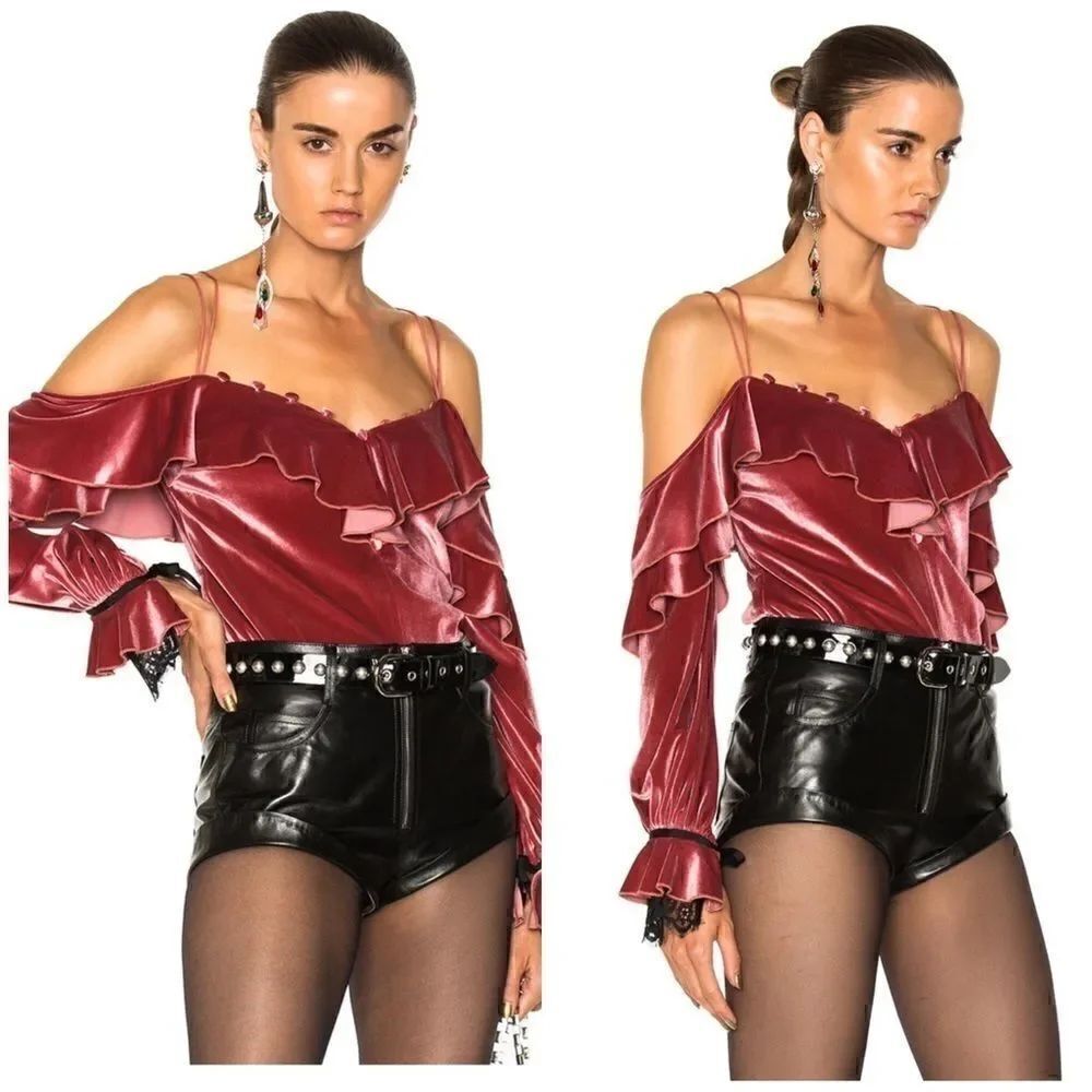 Self Portrait Pink Black Velvet Lace Frill Off Shoulder Top 6